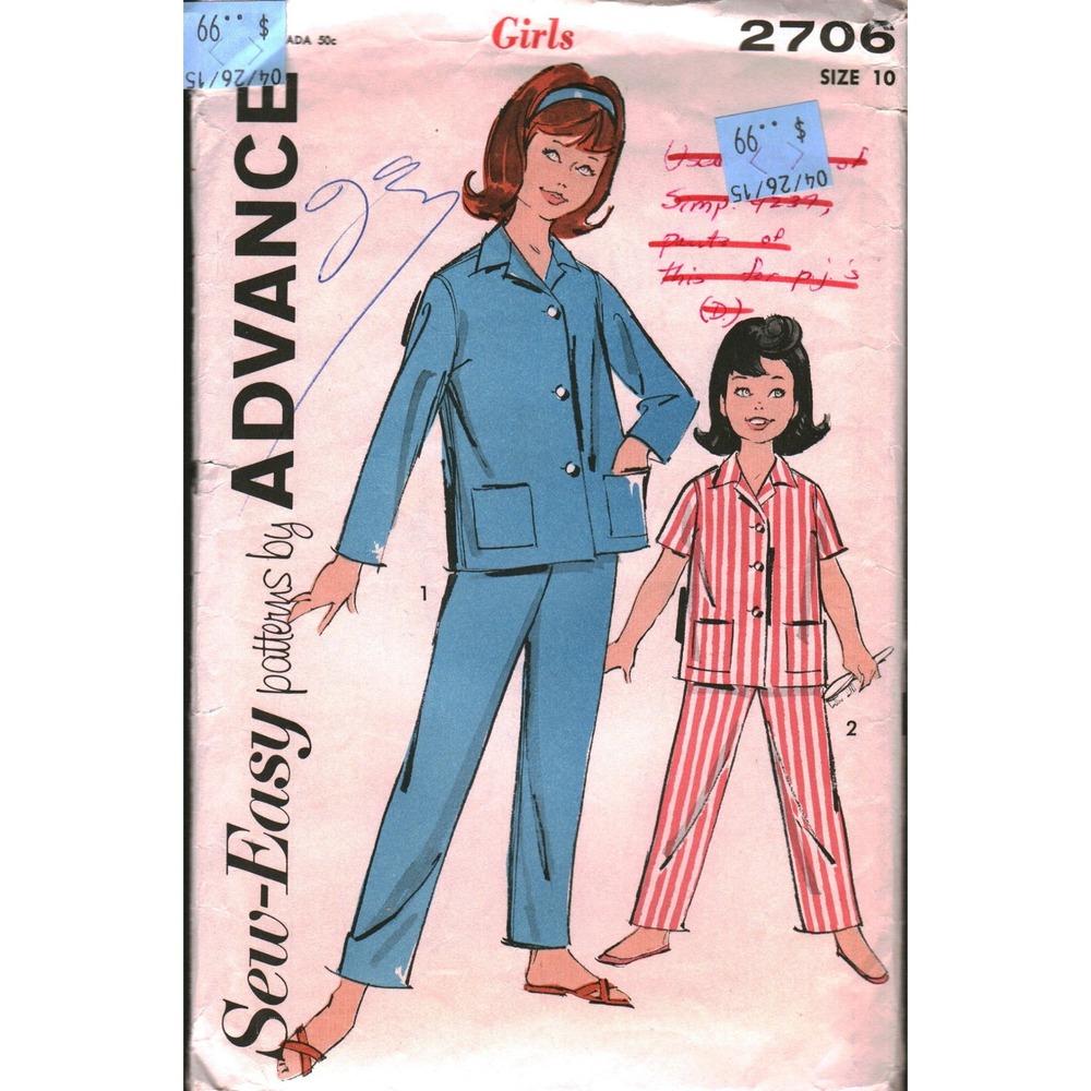 Vintage Advance 2706 Girls Pajamas Sewing Pattern Size‎ 10 Sew-Easy Mid-Century